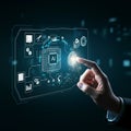AI-Generated Image of Hand Tapping AI Chip Surrounded by Icons