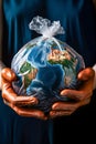 AI-Generated Image: Hands Holding Earth in Transparent Trash Bag - Ecology Problem