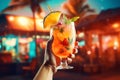 hands holding Tropical cocktail realistic tropical background