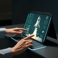 AI-Generated Image of Hands Interacting with Tablet Displaying Rocket Launch and Charts