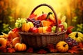 Harvest basket filled with fruits and vegetables vector fall background Royalty Free Stock Photo