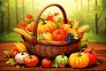 Harvest basket filled with fruits and vegetables vector fall background Royalty Free Stock Photo