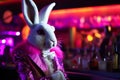 Haute couture Easter Bunny in night club with neon illumination