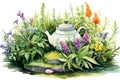 Herbal tea garden with teapot self care background