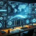 AI-Generated Image of a High-Tech Workspace with Holographic Screens