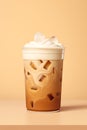 hipped cream topped iced coffee Ad with copy space on beige background