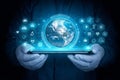 AI generated image of holographic earth above tablet with global digital network icons representing connectivity data security Royalty Free Stock Photo