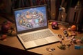 Home Office, laptop being used at home amongst children\'s toys.