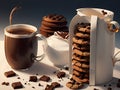 AI generated image of a hot cup of coffee served alongwith chocolate chip biscuits and some chocolate bars