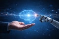 AI generated image of a human hand and robotic hand interacting with a glowing digital mind symbolizing artificial intelligence Royalty Free Stock Photo