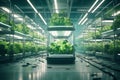 A hydroponic urban farm growing fresh produce indoors modern futurism background