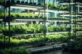 A hydroponic urban farm growing fresh produce indoors modern futurism background