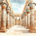 Hypostyle hall in a temple with massive columns and intricate carvings illustration