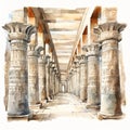 Hypostyle hall in a temple with massive columns and intricate carvings illustration