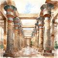Hypostyle hall in a temple with massive columns and intricate carvings illustration