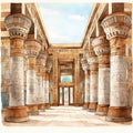 Hypostyle hall in a temple with massive columns and intricate carvings illustration