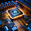 AI generated image of an illuminated artificial intelligence microchip