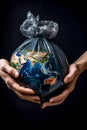 AI-Generated Image: Hands Holding Earth in Transparent Trash Bag - Ecology Problem