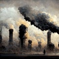 AI generated image. Illustration with the industrial age downfall, global warming, pollution and human impact on the planet Royalty Free Stock Photo