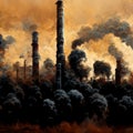 AI generated image. Illustration with the industrial age downfall, global warming, pollution and human impact on the planet Royalty Free Stock Photo