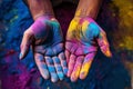 India Holi painted hands, festival celebration with copy space