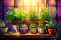 Indoor herb garden with grow lights self care background