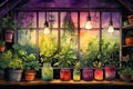 Indoor herb garden with grow lights self care background