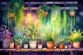 Indoor herb garden with grow lights self care background