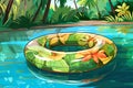 An inflatable pool float in a crystal clear pool vector tropical background