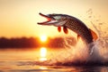 Northern pike jumping in the sun set