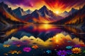 Ai generated image of a lake in the mountains with a beautiful sunset magically glowing