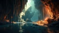 AI-Generated Image Landscape of Fire flame in the forested cave\'s gloomy interior. Royalty Free Stock Photo