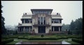 Art deco mansion with symmetrical garden in rainy weather Royalty Free Stock Photo