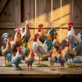 AI-Generated image of a large group of brightly painted rooster figurines arranged on a rustic wooden surface Royalty Free Stock Photo