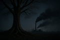 AI generated image of a large tree with roots and branches standing strong in front of a factory releasing black smoke under a Royalty Free Stock Photo
