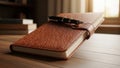 AI-generated image of a leather journal with a pen on a desk Royalty Free Stock Photo