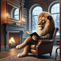 Majestic Regal Lion Sitting Leather Chair Reading a Book Fireplace AI Generated
