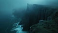 AI generated image, a long way down hyper realistic, man walking across a rope bridge in the mountain, Royalty Free Stock Photo