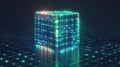 Glowing cube representing the processing power of a modern cpu is standing on a circuit board Royalty Free Stock Photo