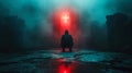 Luminous red cross on top of a destroyed house. Silhouette of a man looking at it in the fog.