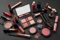 AI-generated luxurious cosmetics flat lay with lipsticks, blush, and eyeshadow palette Royalty Free Stock Photo