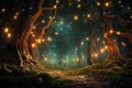 Magic forest with towering trees and fireflies magical fairytale world background Royalty Free Stock Photo