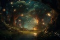 Magic forest with towering trees and fireflies magical fairytale world background Royalty Free Stock Photo