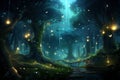 Magic forest with towering trees and fireflies magical fairytale world background Royalty Free Stock Photo