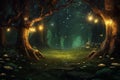 Magic forest with towering trees and fireflies magical fairytale world background Royalty Free Stock Photo