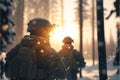 AI generated image of male soldiers in full military uniform walking through a forest