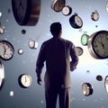 Ai generated image a man dressed in pajamas sees many floating clocks