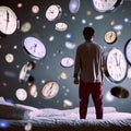 Ai generated image. A man dressed in pajamas stands on a bed with many clocks floating above it Royalty Free Stock Photo