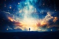 Faith. Heavenly background. Man standing on the background of the heavens with clouds and light rays Royalty Free Stock Photo