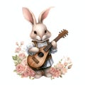 Medieval Bard cute bunny with Lute pink cute bunny watercolor